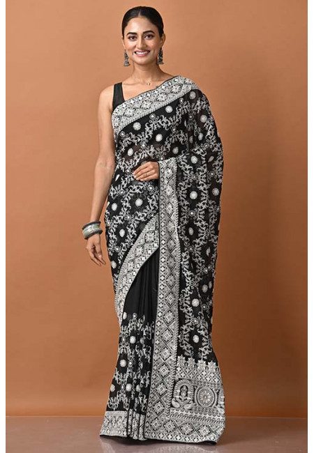 Black Color Designer Embroidery Chiffon Saree (She Saree 1397)