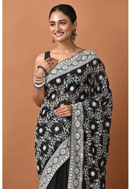 Black Color Designer Embroidery Chiffon Saree (She Saree 1397)
