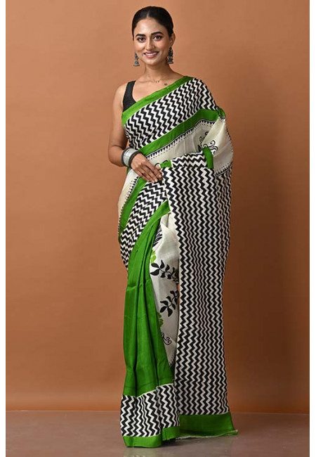 Off White And Green Color Printed Pure Silk Saree (She Saree 1398)