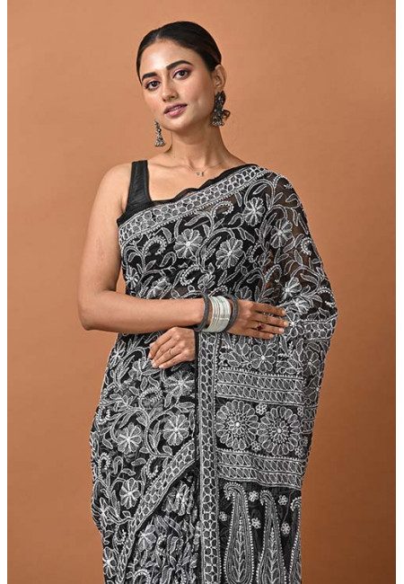 Black Color Designer Lucknow Chikankari Chiffon Saree (She Saree 1400)