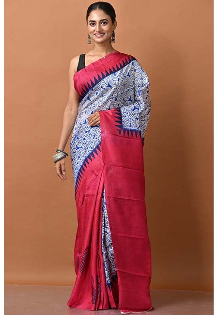 Royal Blue And Fuchsia Pink Color Printed Pure Silk Saree (She Saree 1407)