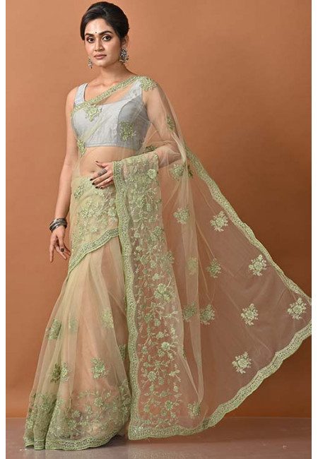 Light Olive Green Color Designer Embroidery Net Saree (She Saree 1427)
