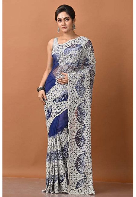 Royal Blue Color Designer Embroidery Net Saree (She Saree 1429)