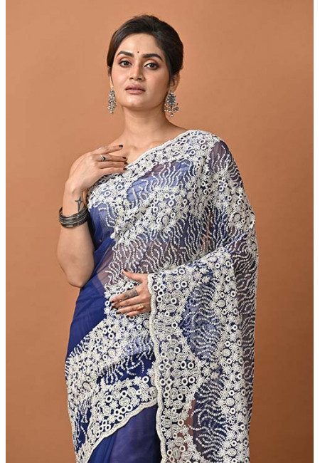 Royal Blue Color Designer Embroidery Net Saree (She Saree 1429)