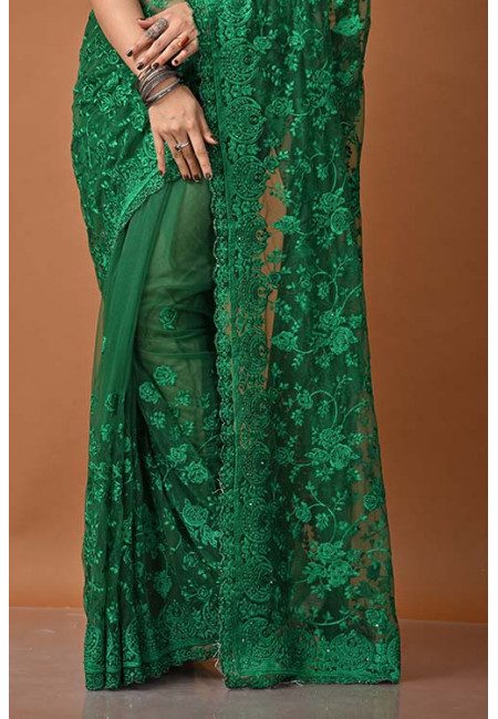 Deep Green Color Designer Embroidery Net Saree (She Saree 1430)