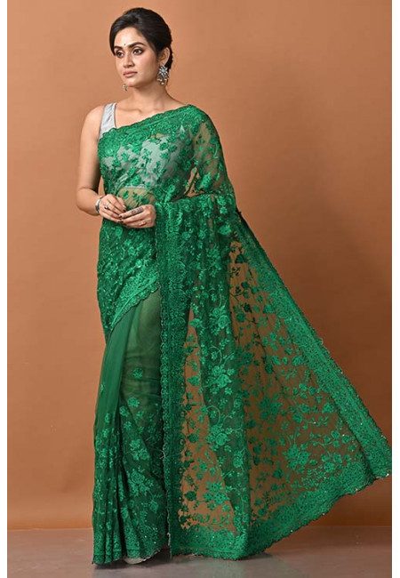 Deep Green Color Designer Embroidery Net Saree (She Saree 1430)