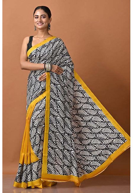 Black And Yellow Color Printed Pure Silk Saree (She Saree 1432)
