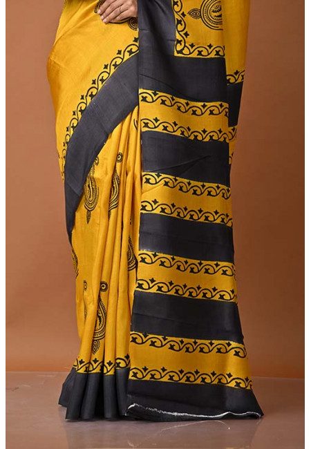 Mustard Color Printed Pure Tussar Silk Saree (She Saree 1440)