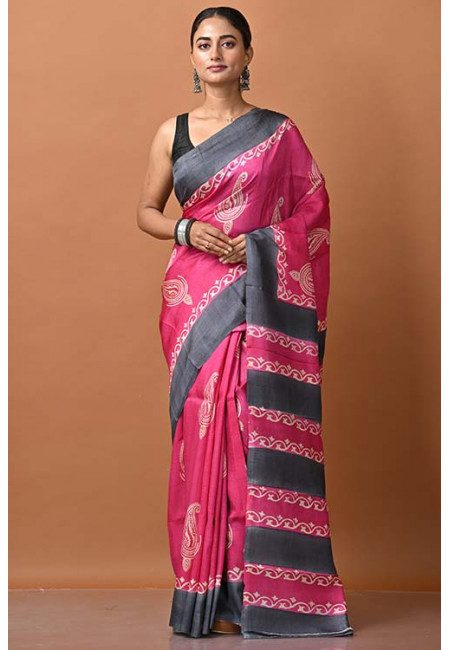 Fuchsia Pink Color Printed Pure Tussar Silk Saree (She Saree 1443)