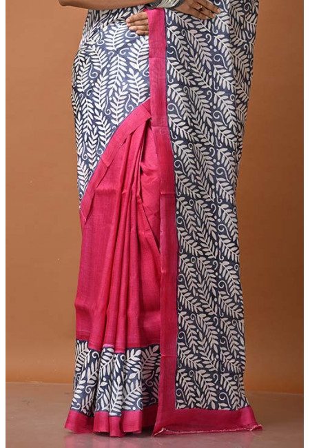 Fuchsia Pink And Grey Color Printed Pure Silk Saree (She Saree 1446)