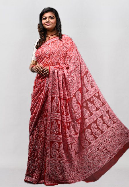 Red Color Embroidered Lucknow Chikon Saree (She Saree 936)