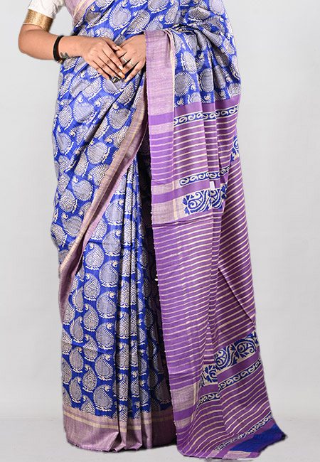 Royal Blue Color Printed Soft Gicha Tussar Silk Saree (She Saree 952)