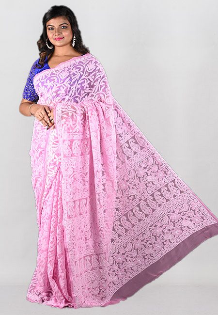 Pink Color Embroidered Lucknow Chikon Saree (She Saree 958)