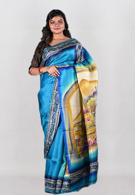 Peacock Blue Color Printed Pure Silk Saree (She Saree 1006)