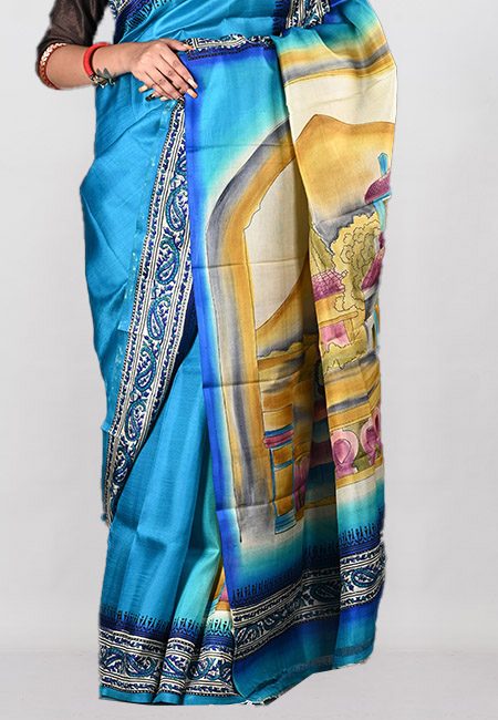 Peacock Blue Color Printed Pure Silk Saree (She Saree 1006)
