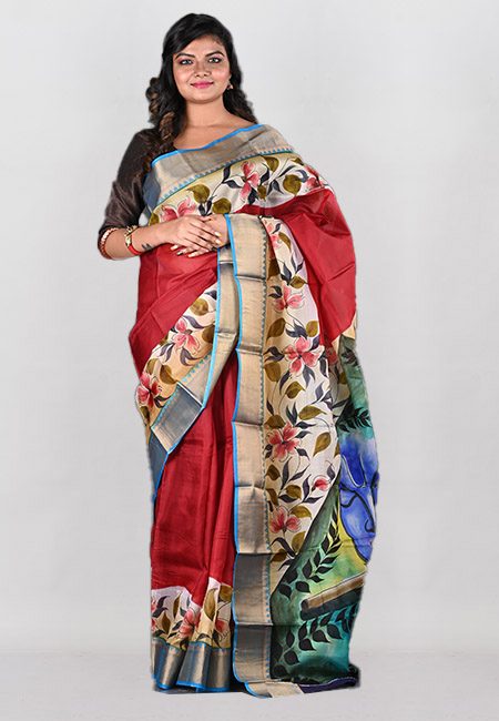 Maroon Color Printed Pure Silk Saree (She Saree 1008)