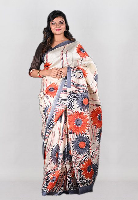 Off White Color Printed Pure Silk Saree (She Saree 1009)
