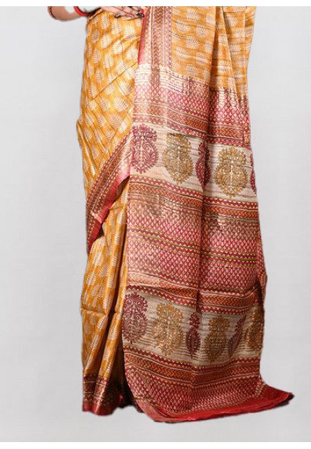 Mustard Color Printed Soft Pure Tussar Silk Saree (She Saree 1015)