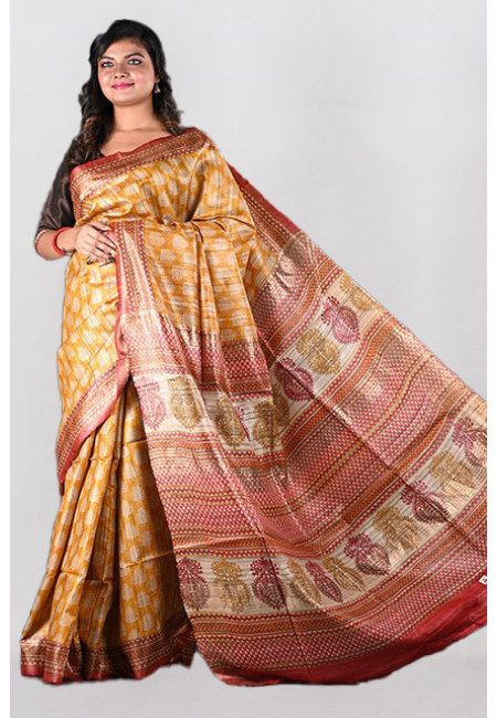 Mustard Color Printed Soft Pure Tussar Silk Saree (She Saree 1015)