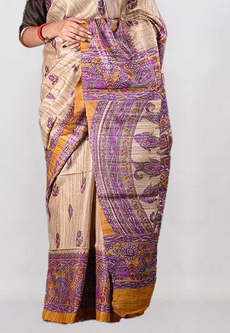 Beige Color Printed Soft Pure Tussar Silk Saree (She Saree 1021)