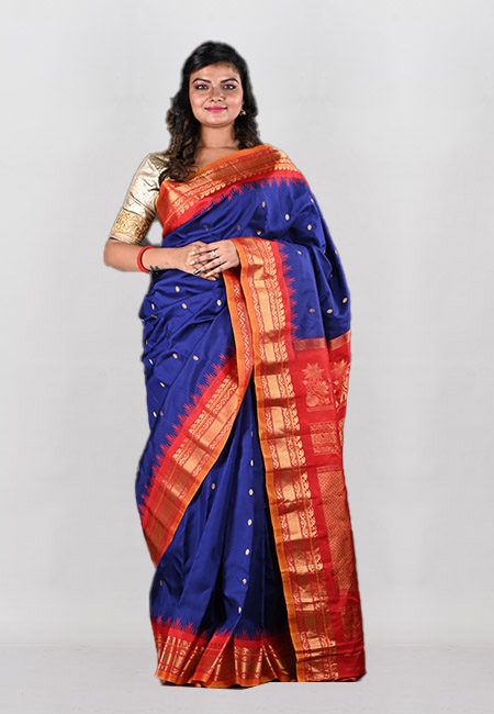 Navy Blue Color Contrast Pure Gadwal Silk Saree (She Saree 1031)