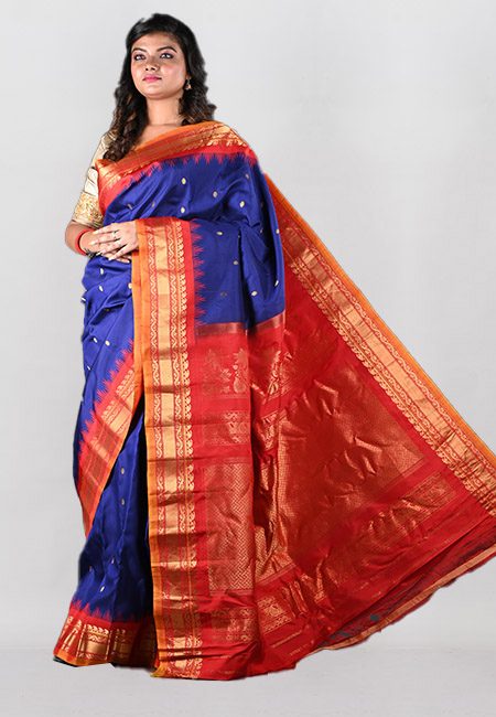 Navy Blue Color Contrast Pure Gadwal Silk Saree (She Saree 1031)