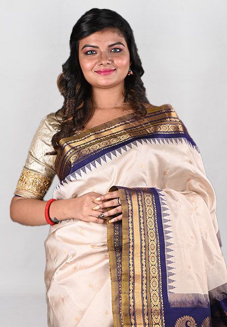 Light Beige Color Contrast Pure Gadwal Silk Saree (She Saree 1032)