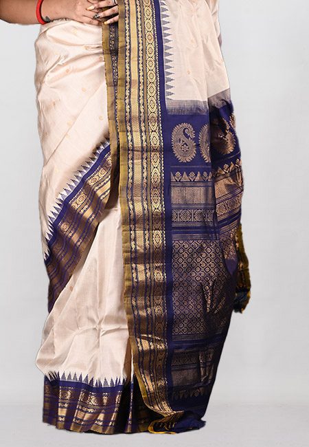 Light Beige Color Contrast Pure Gadwal Silk Saree (She Saree 1032)