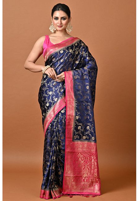 Navy Blue Color Contrast Soft Gajji Banarasi Silk Saree (She Saree 2361)