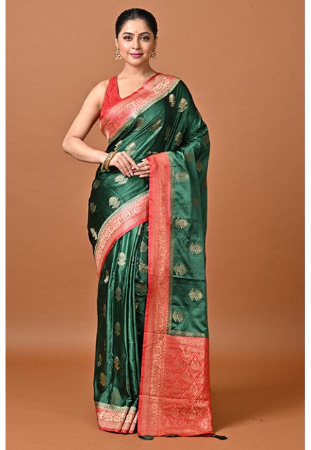 Deep Green Color Contrast Soft Gajji Banarasi Silk Saree (She Saree 2408)