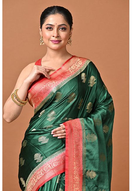 Deep Green Color Contrast Soft Gajji Banarasi Silk Saree (She Saree 2408)