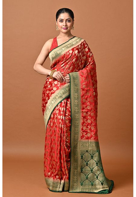 Red Green Color Contrast Soft Gajji Banarasi Silk Saree (She Saree 2409)