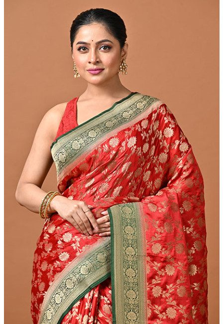 Red Green Color Contrast Soft Gajji Banarasi Silk Saree (She Saree 2409)