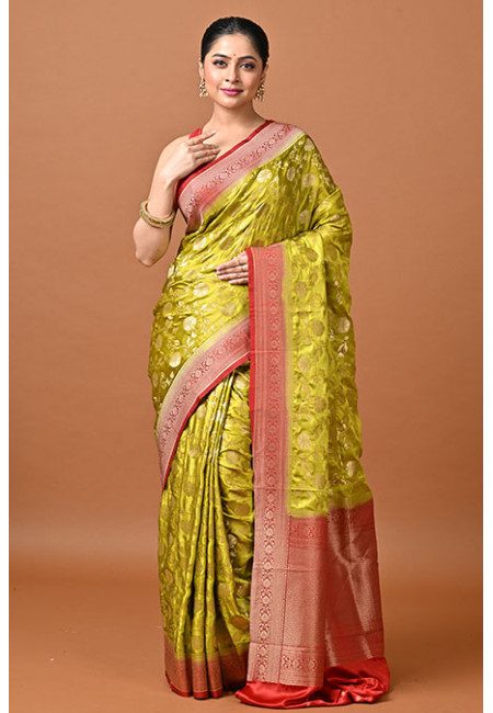 Olive Green Color Contrast Soft Gajji Banarasi Silk Saree (She Saree 2410)
