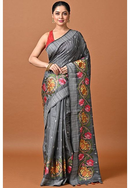 Deep Grey Color Embroidery Semi Tussar Silk Saree (She Saree 2423)