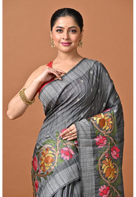 Deep Grey Color Embroidery Semi Tussar Silk Saree (She Saree 2423)