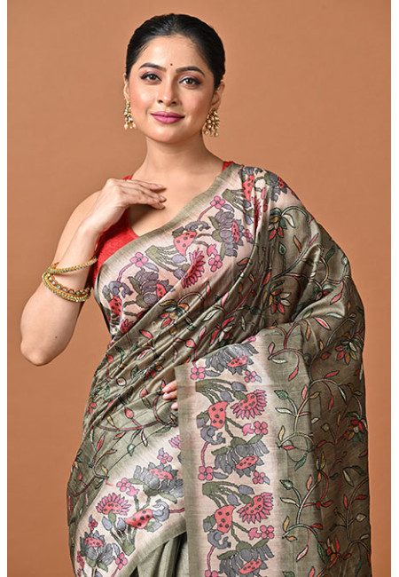 Pista Green Color Printed Embroidery Semi Tussar Silk Saree (She Saree 2428)
