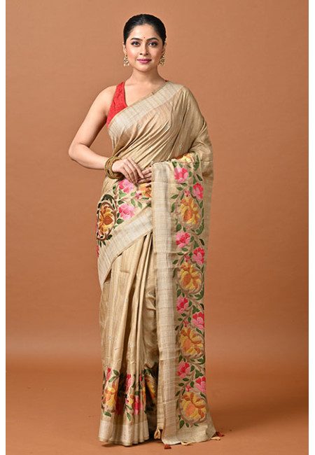 Beige Color Embroidery Semi Tussar Silk Saree (She Saree 2429)