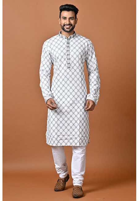 White Color Embroidery Rayon Cotton Punjabi Churidar Set For Men (She Punjabi 801)