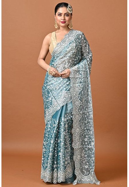 Pastel Green Color Designer Embroidery Jimmy Chu Party Wear Saree (She Saree 2432)