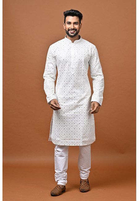 White Color Embroidery Rich Cotton Punjabi Churidar Set For Men (She Punjabi 806)