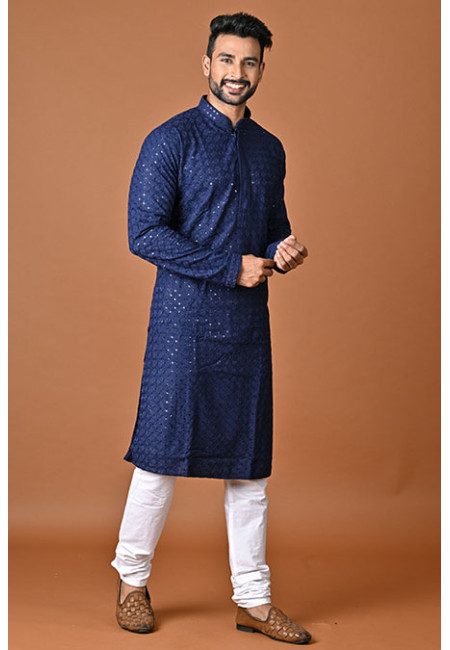 Navy Blue Color Embroidery Cotton Rayon Punjabi Churidar Set For Men (She Punjabi 808)