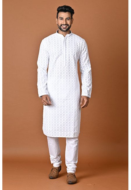 White Color Chikankari Pure Cotton Punjabi Churidar Set For Men (She Punjabi 810)