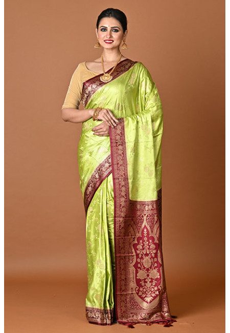 Olive Green Color Contrast Soft Gajji Banarasi Silk Saree (She Saree 2442)