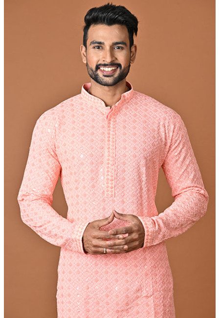 Peach Pink Color Embroidery Cotton Rayon Punjabi Churidar Set For Men (She Punjabi 812)