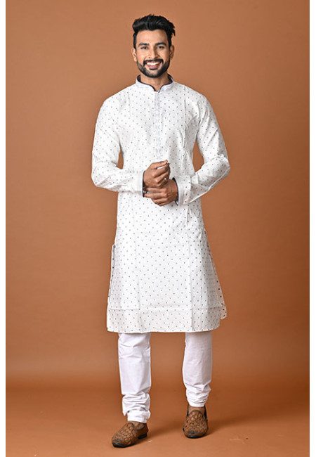 White Color Jacquard Silk Punjabi Churidar Set For Men (She Punjabi 813)