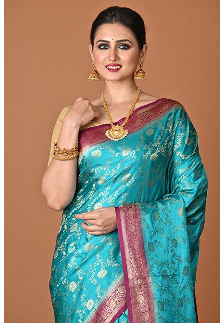 Emerald Green Color Contrast Soft Gajji Banarasi Silk Saree (She Saree 2447)