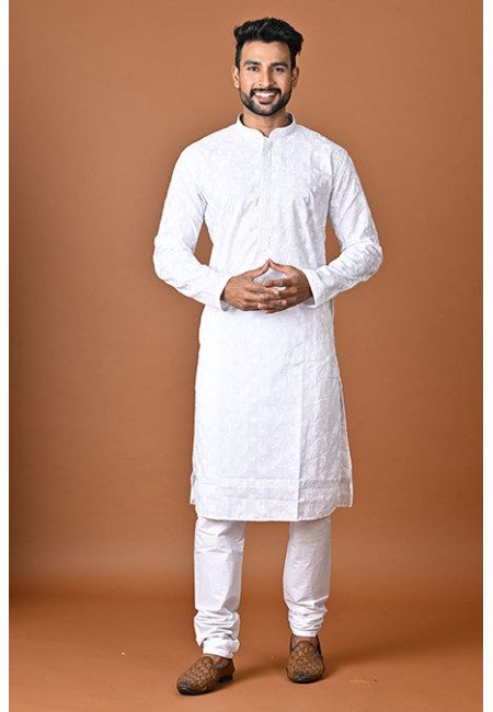 White Color Chikankari Rich Cotton Punjabi Churidar Set For Men (She Punjabi 815)