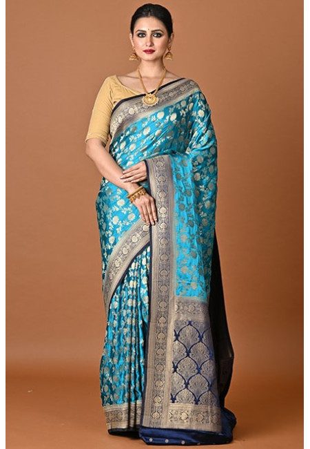 Peacock Blue Color Contrast Soft Gajji Banarasi Silk Saree (She Saree 2448)