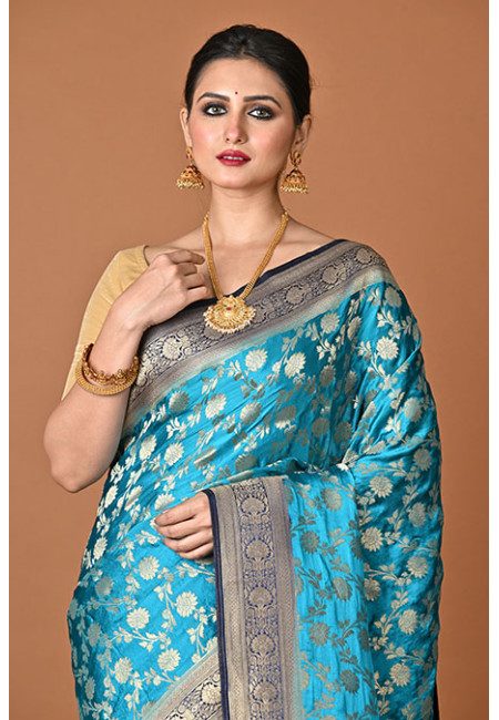 Peacock Blue Color Contrast Soft Gajji Banarasi Silk Saree (She Saree 2448)